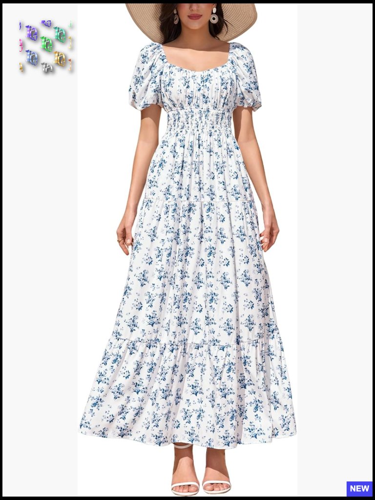 Puff Sleeve Maxi Dress Flowy A-Line Tiered Wedding Guest Beach Elegant